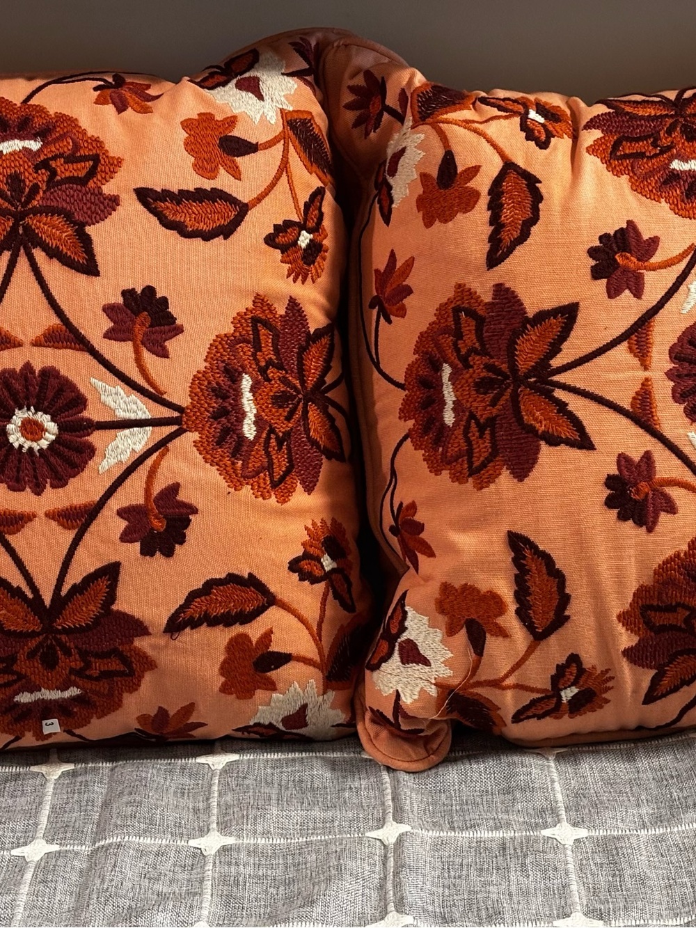 Embroidered Floral Throw Pillow Pair in Orange and Rust